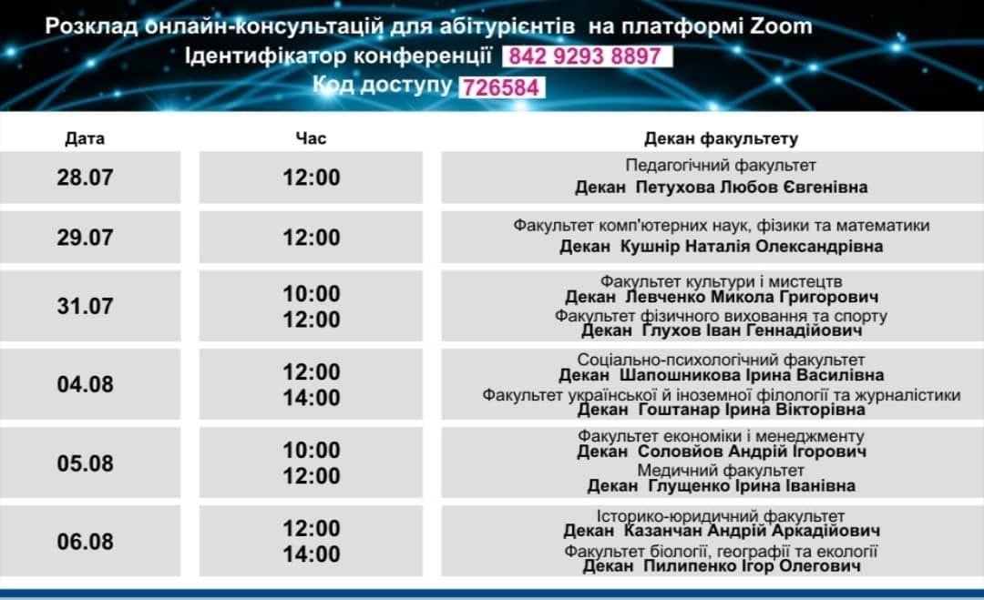 Розклад онлайн-консультацій для абітурієнтів на платформі ZOOM Ідентифікатор конференції –…